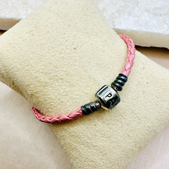 EUC Pandora 590705CMP-S Single Shimmering Pink Woven Leather Clasp Bracelet - Picture 8 of 15